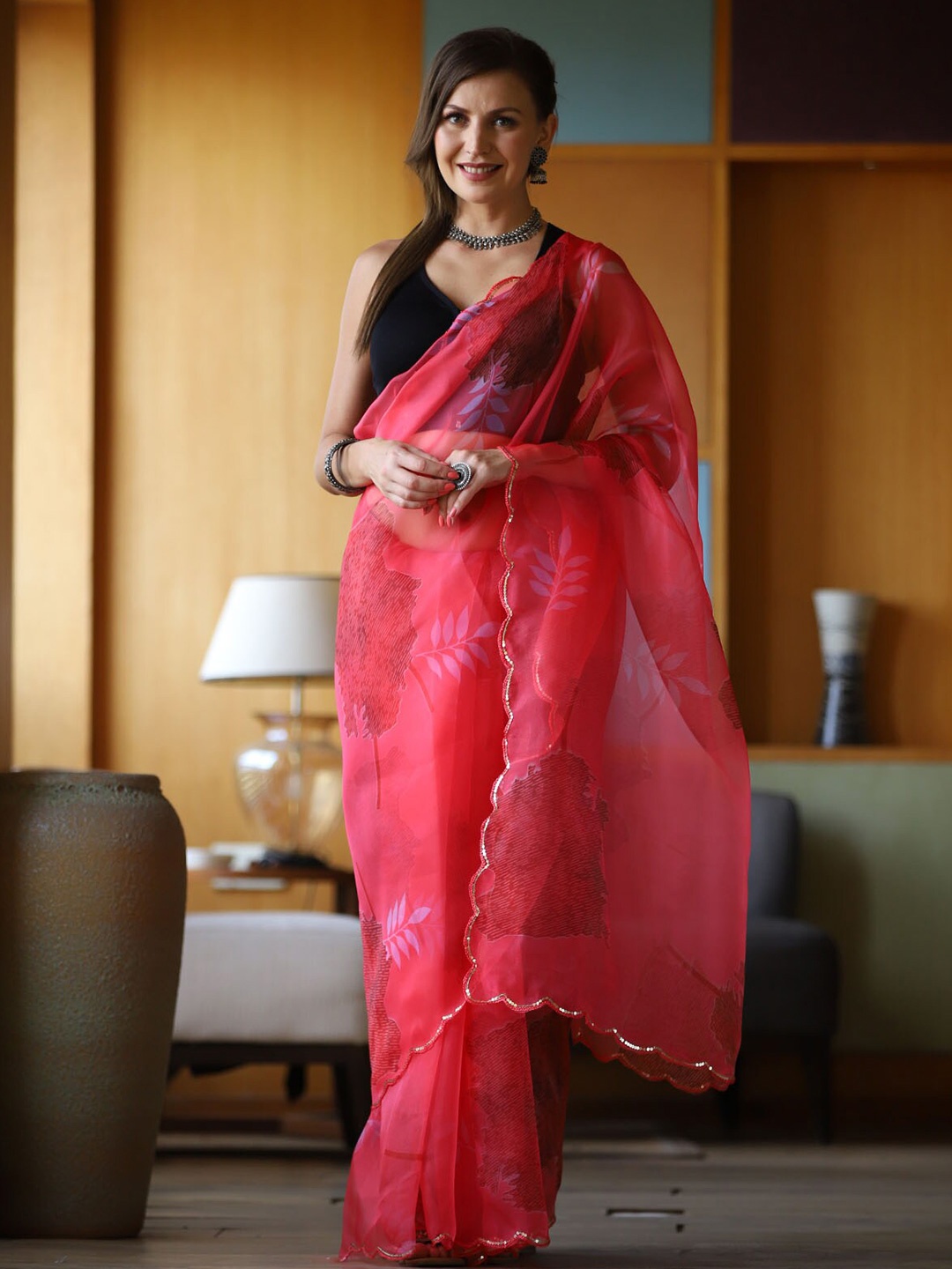 

ODETTE Red & Purple Floral Organza Saree