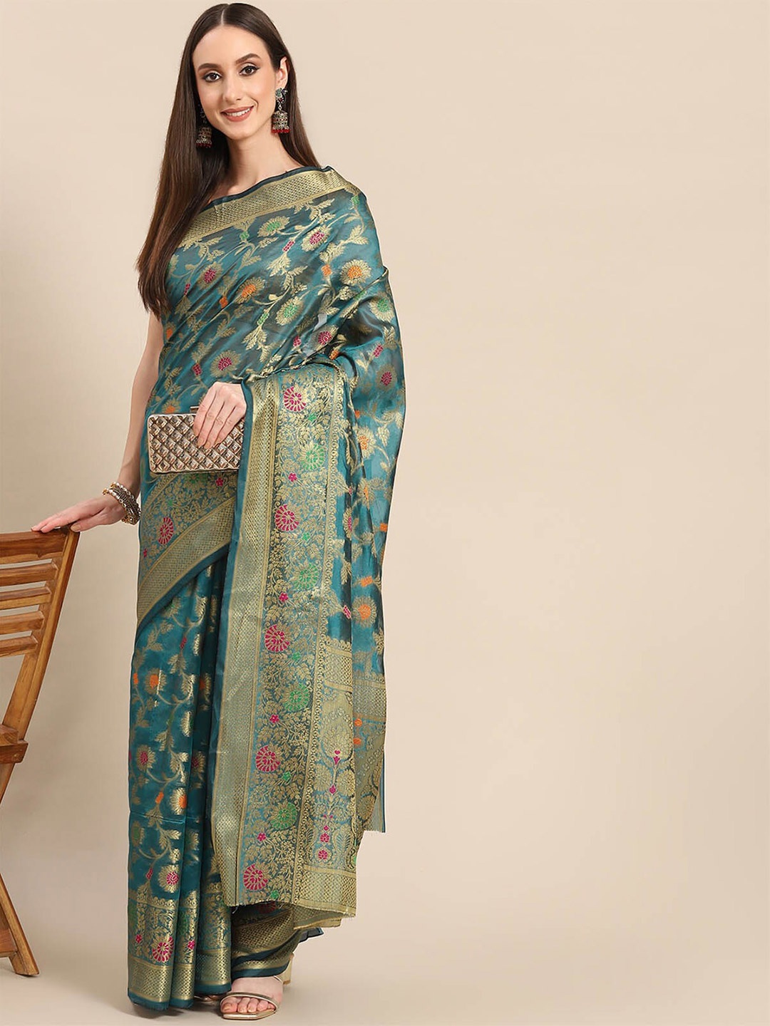 

ODETTE Blue & Gold-Toned Floral Zari Organza Saree