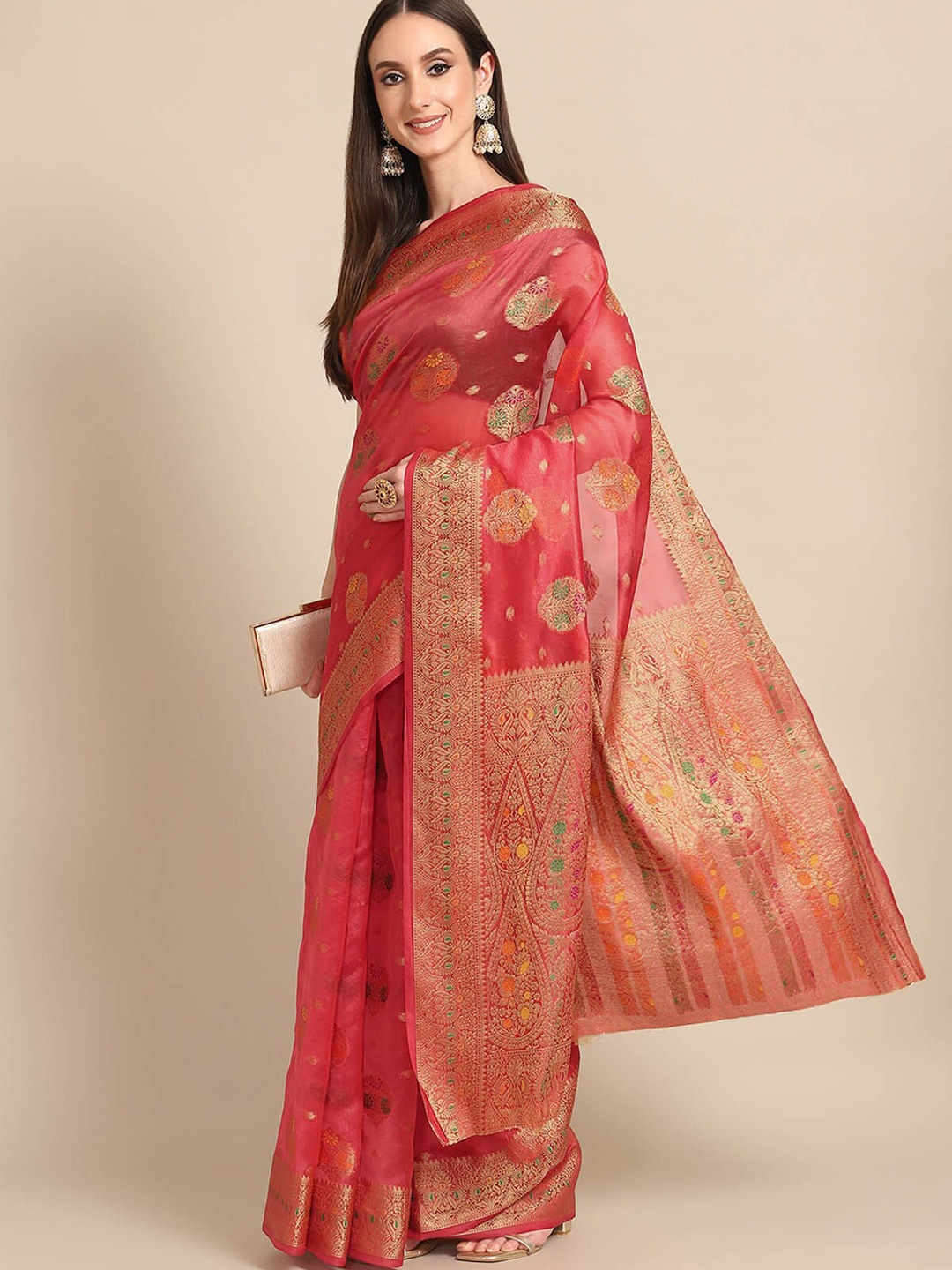 

ODETTE Pink & Gold-Toned Floral Zari Organza Saree