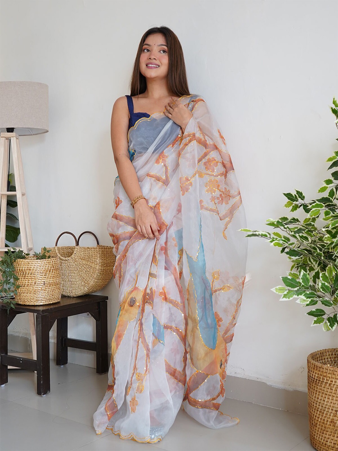 

ODETTE White & Orange Floral Embroidered Organza Saree