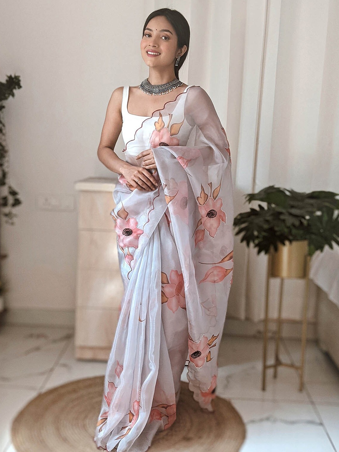 

ODETTE White & Orange Floral Embroidered Organza Saree