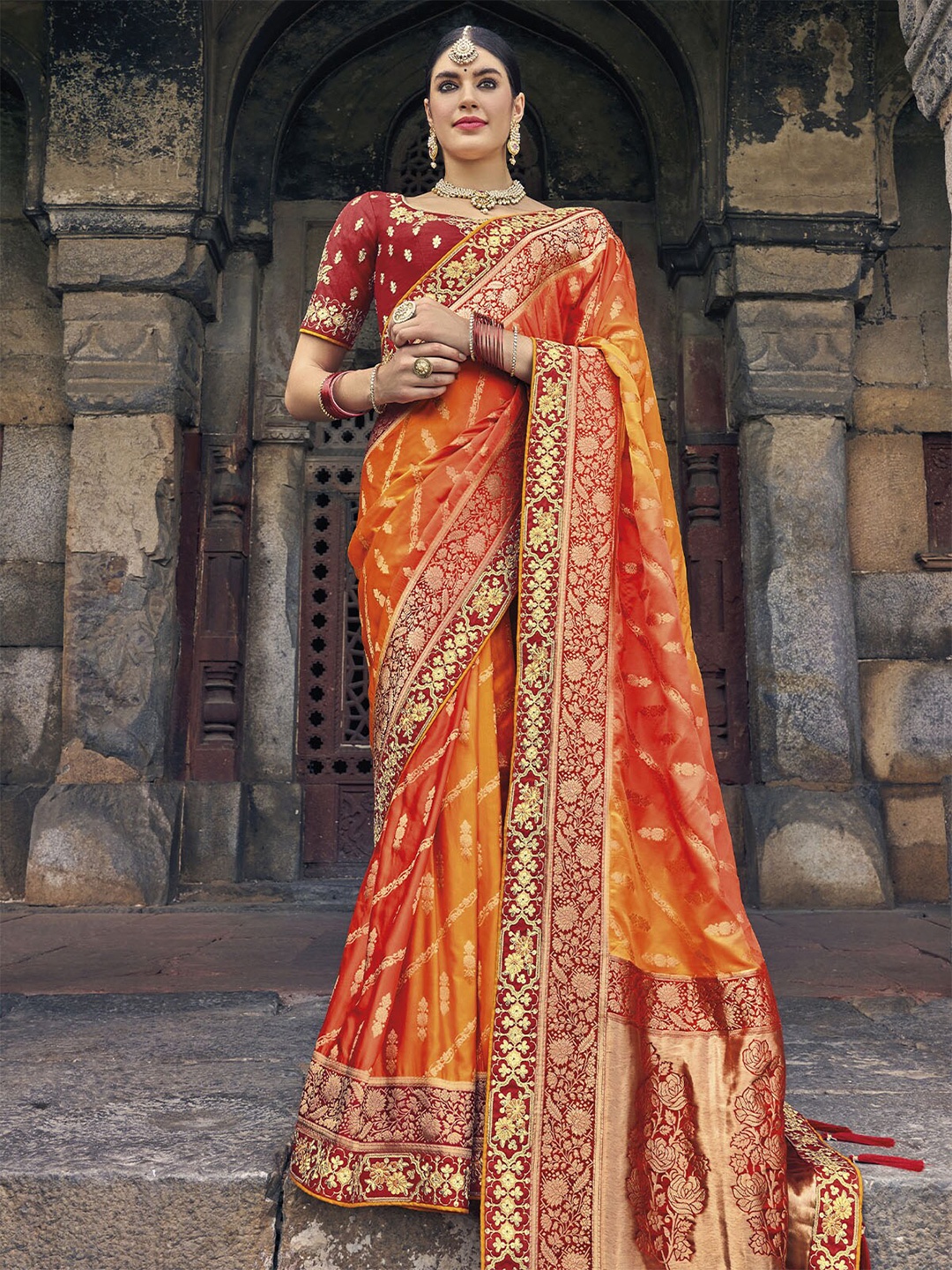 

ODETTE Orange & Red Woven Design Zari Satin Saree