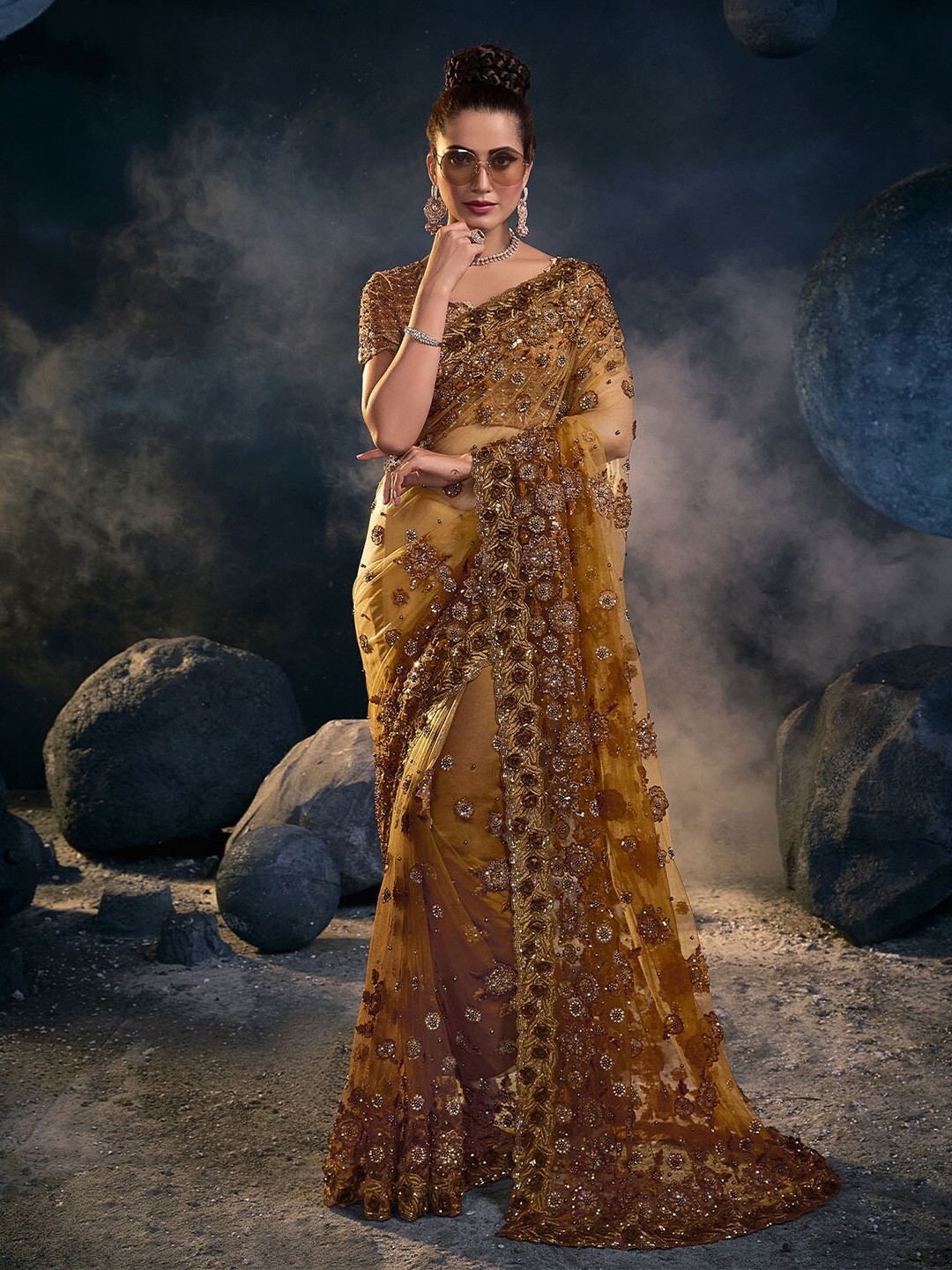 

ODETTE Mustard & Brown Floral Embroidered Net Saree
