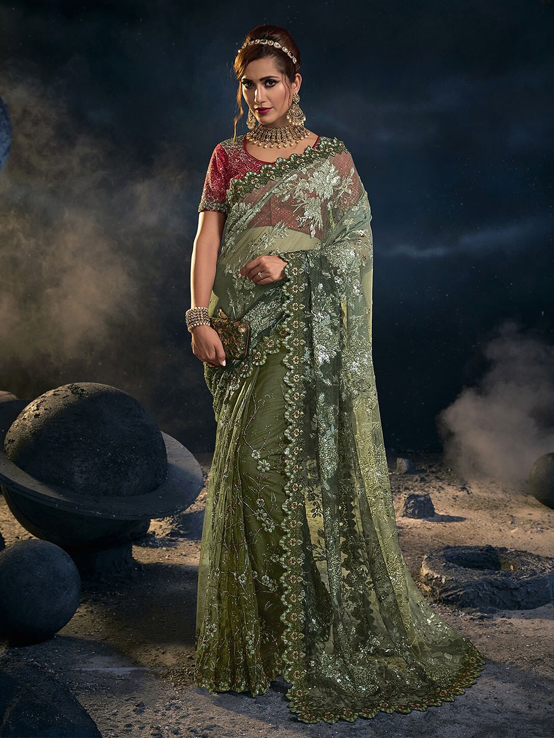 

ODETTE Olive Green & Maroon Floral Embroidered Net Saree