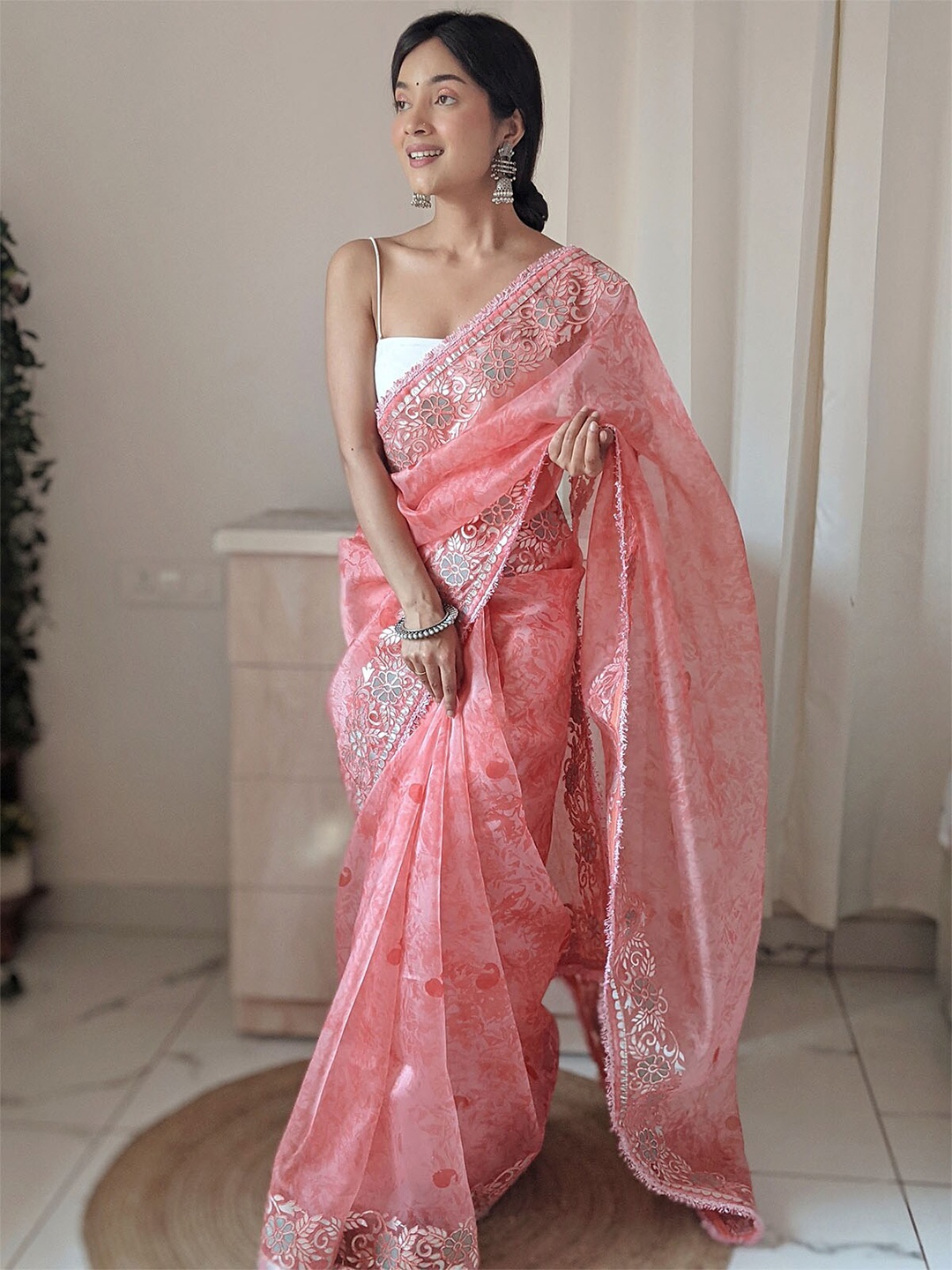 

ODETTE Pink Woven Design Embroidered Organza Saree