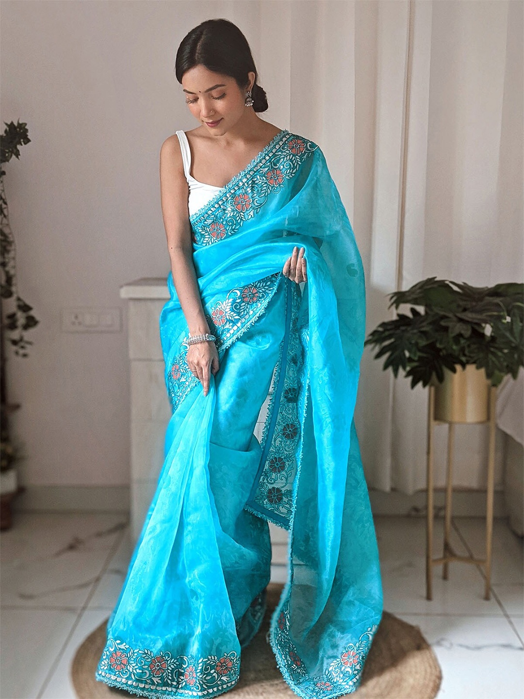 

ODETTE Blue & Coral Embroidered Organza Saree