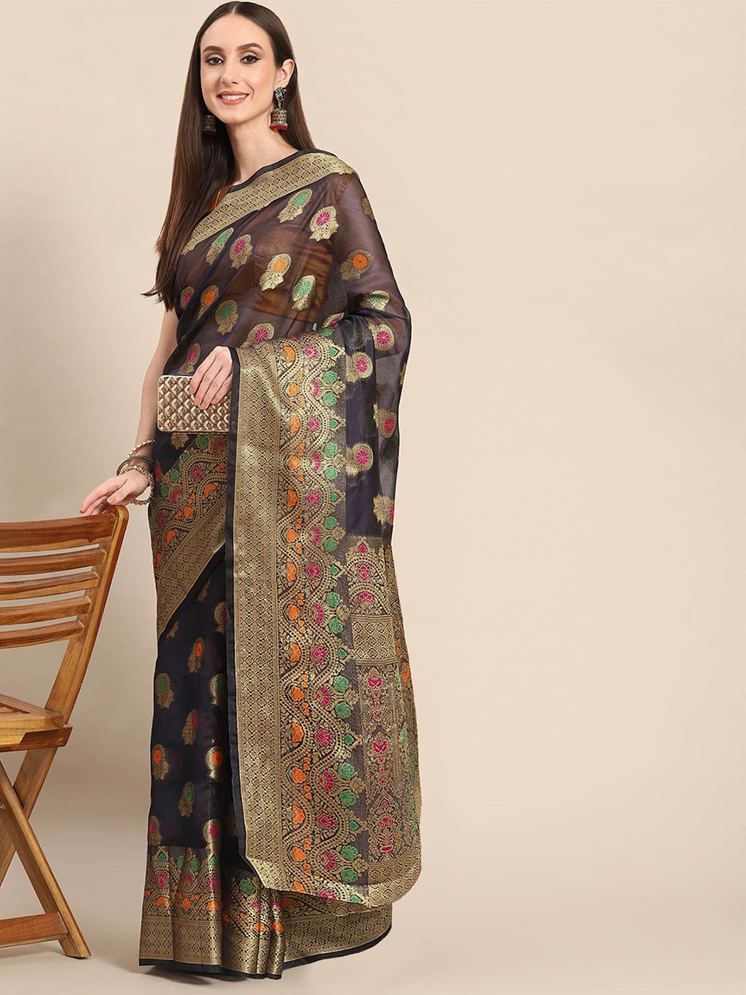 

ODETTE Navy Blue & Green Ethnic Motifs Zari Organza Saree