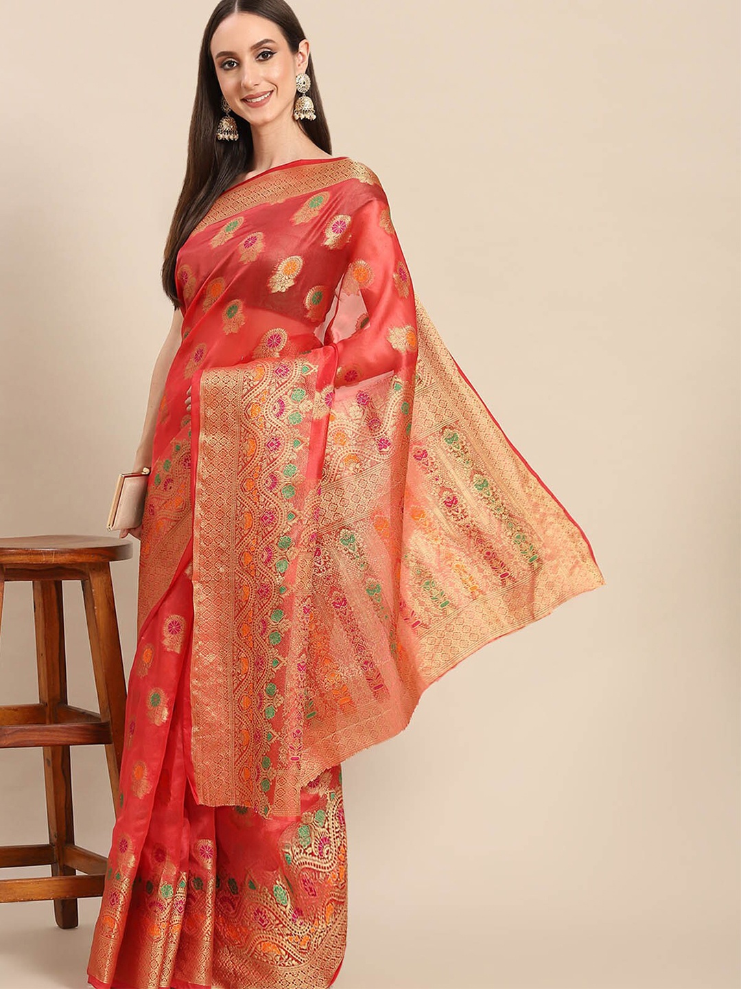 

ODETTE Pink & Gold-Toned Ethnic Motifs Zari Organza Saree