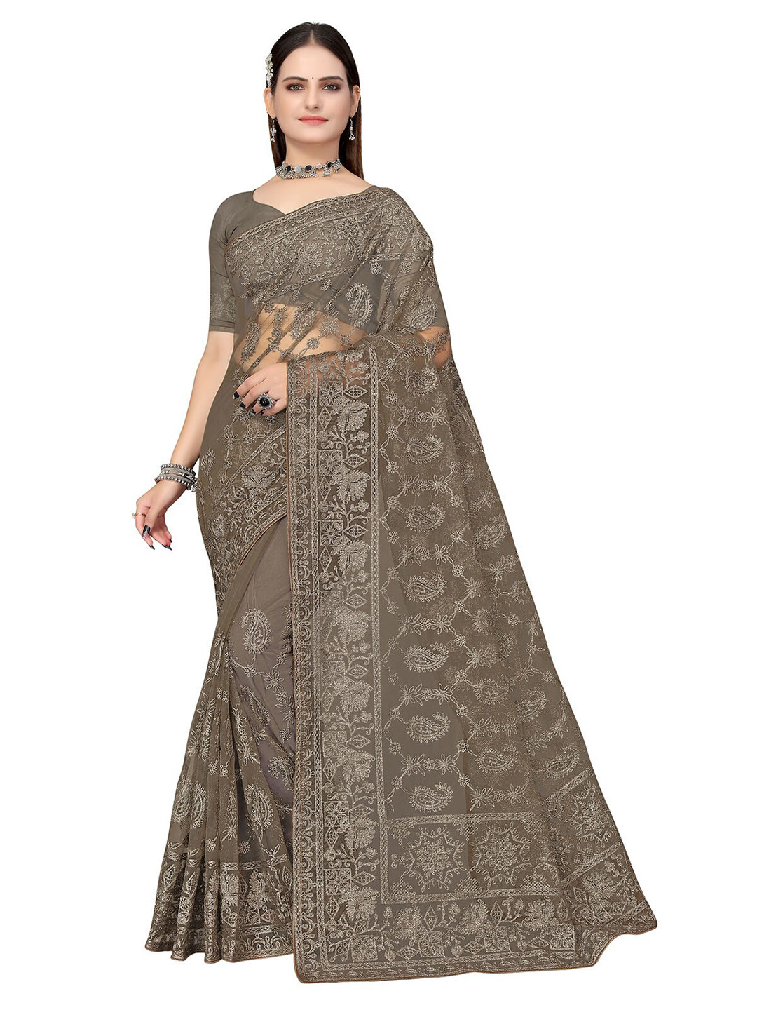 

ODETTE Olive Green Paisley Embroidered Net Saree