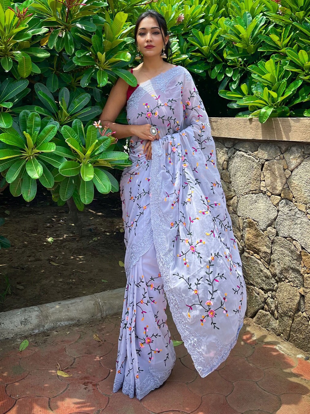 

ODETTE Blue & Yellow Floral Embroidered Saree