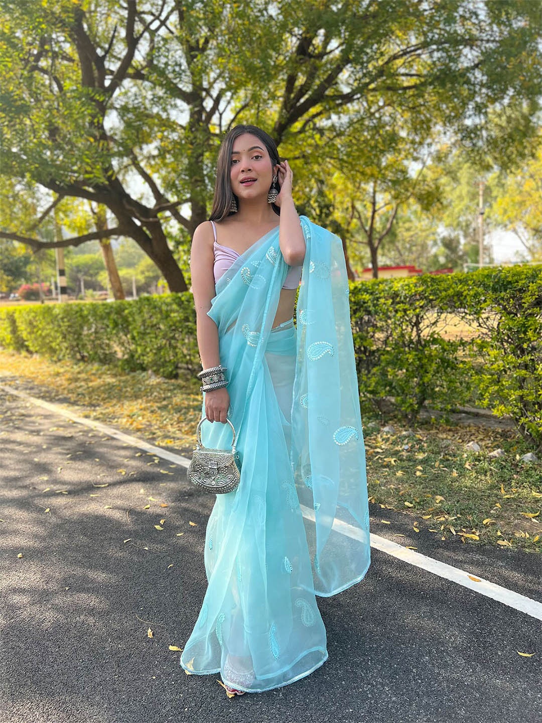 

ODETTE Blue Paisley Embroidered Organza Saree