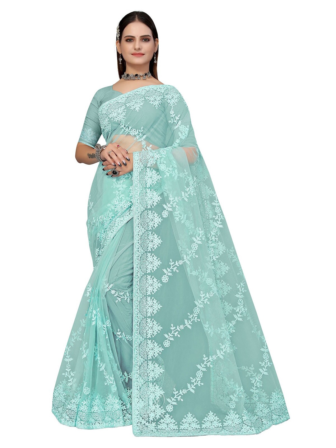 

ODETTE Blue & White Floral Embroidered Net Saree