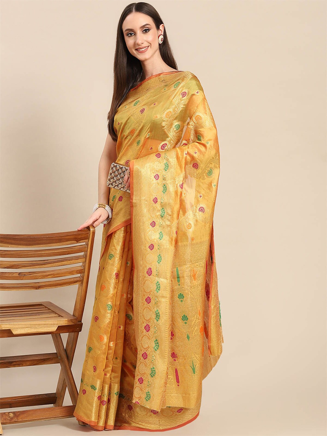 

ODETTE Yellow & Green Ethnic Motifs Zari Organza Saree