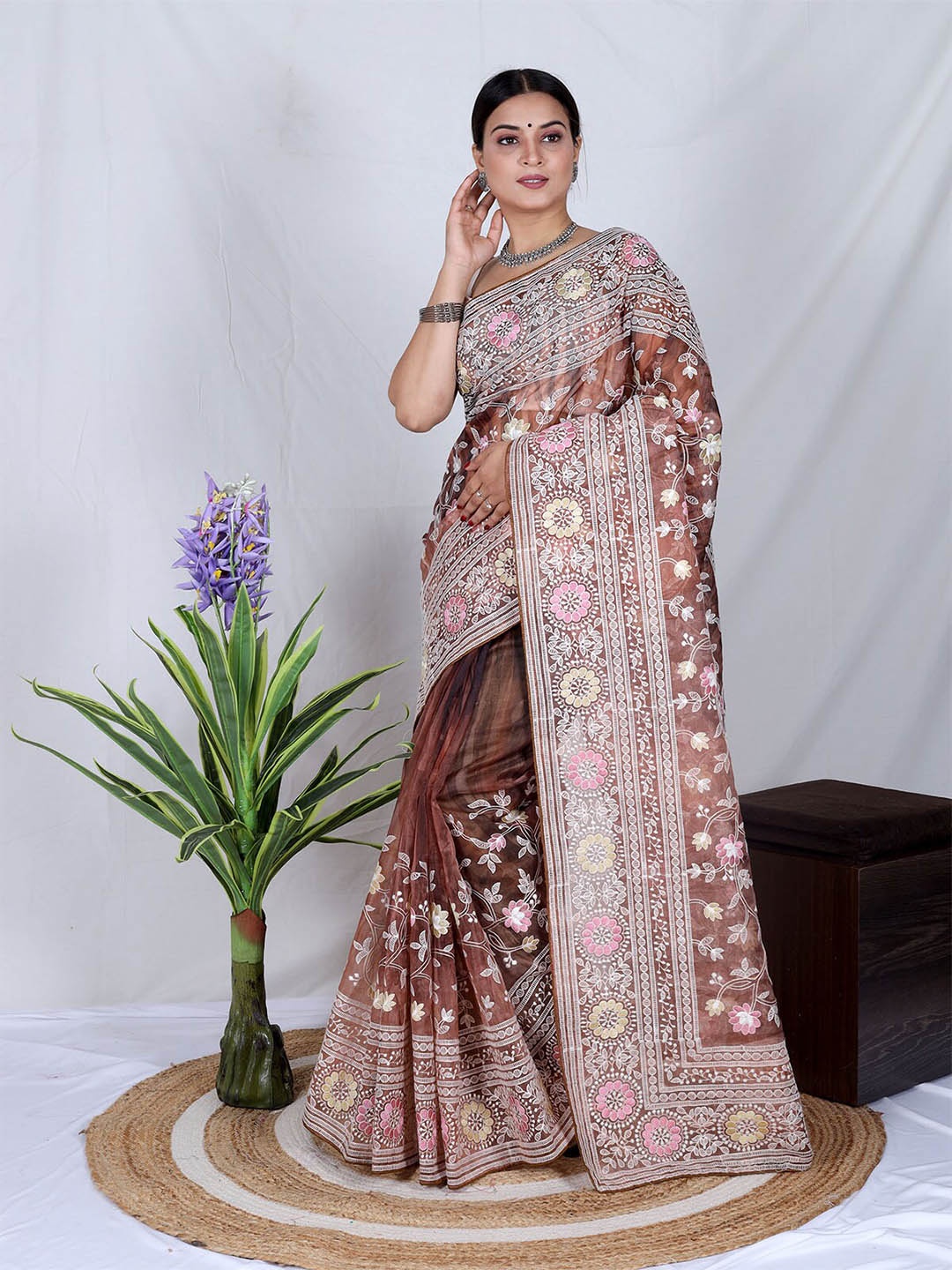 

ODETTE Brown & White Floral Embroidered Organza Saree