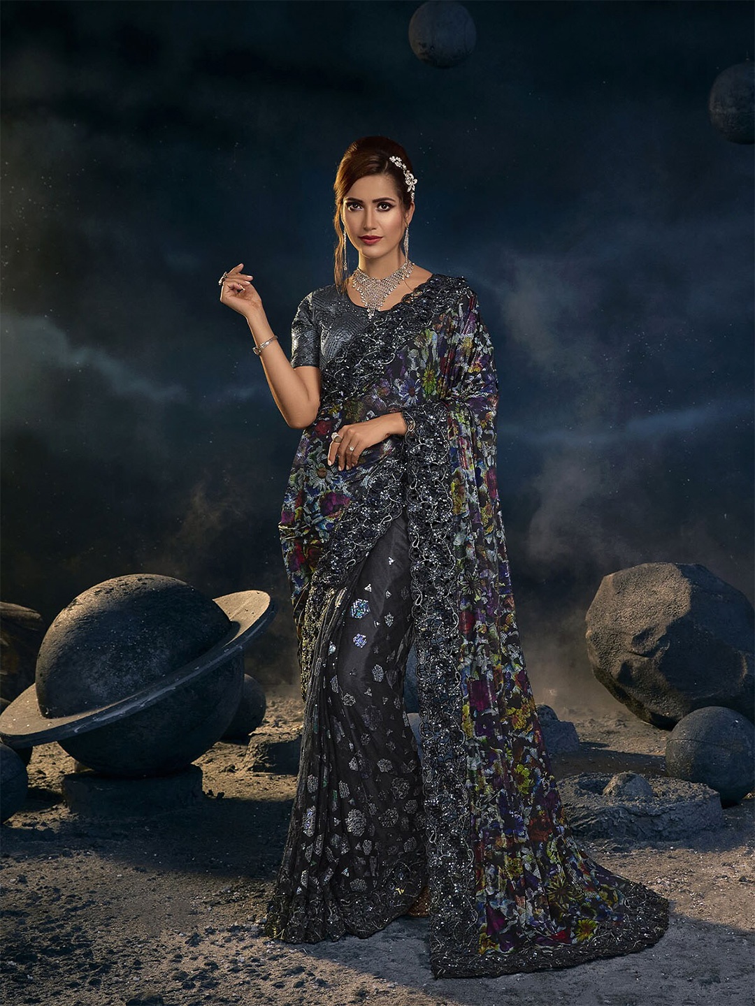 

ODETTE Black & Pink Floral Embroidered Net Saree