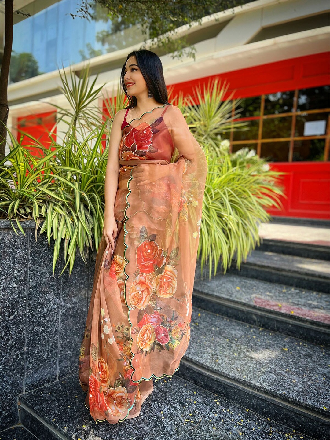 

ODETTE Brown & Red Floral Organza Saree