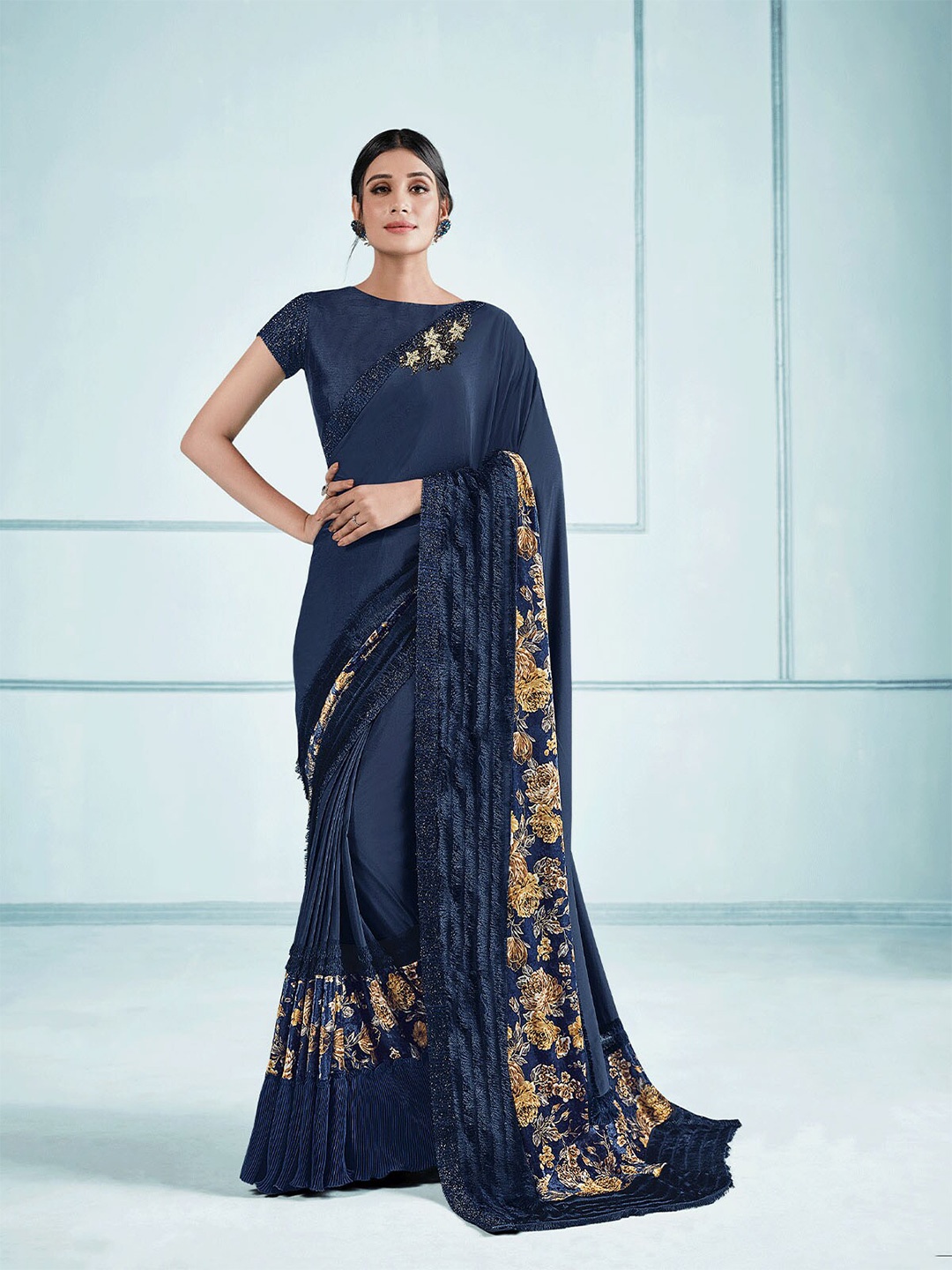 

ODETTE Blue & Yellow Floral Beads and Stones Saree