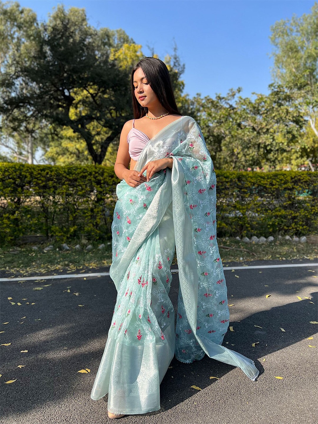 

ODETTE Blue & Pink Floral Embroidered Organza Saree