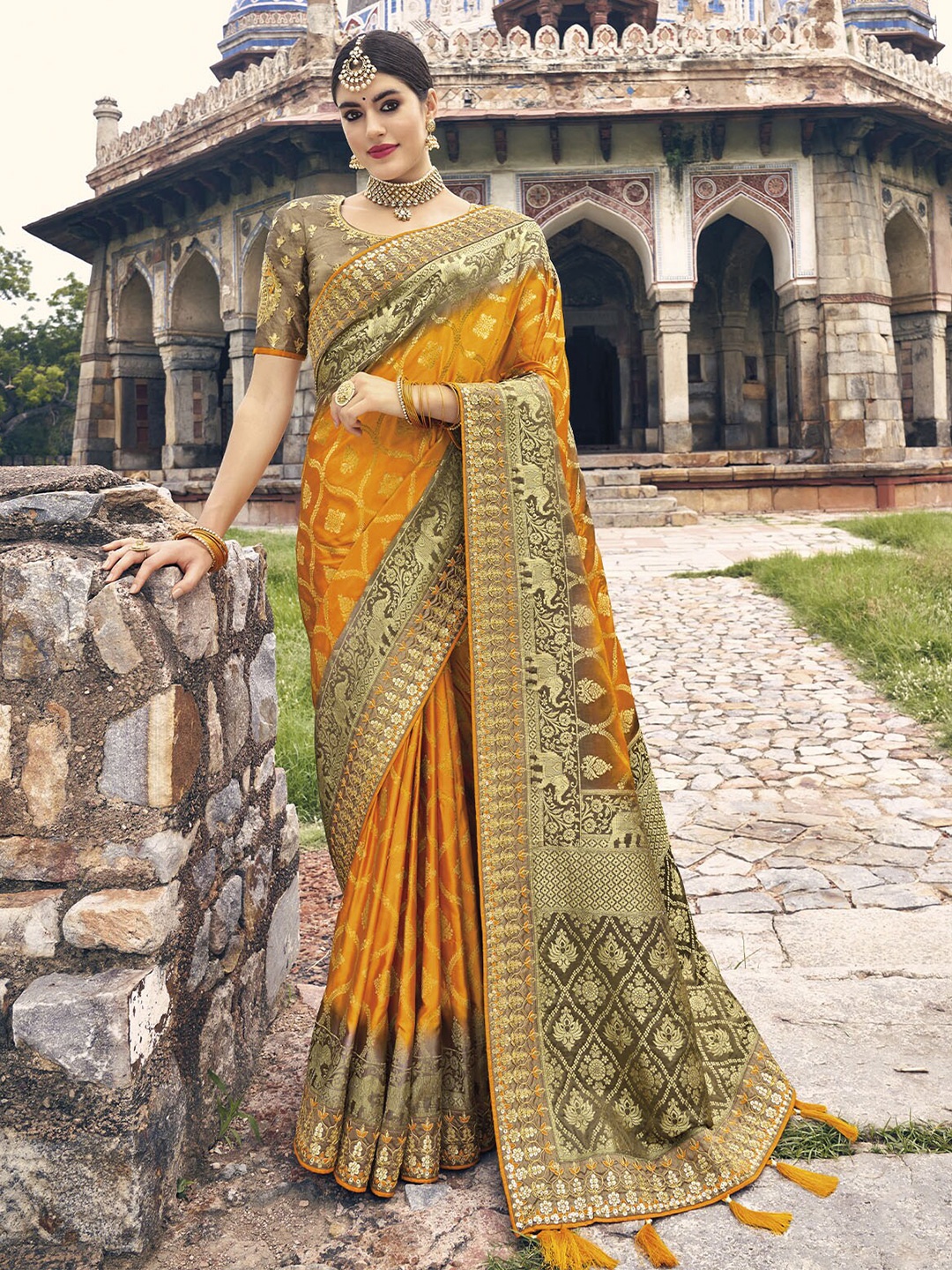 

ODETTE Orange & Olive Green Ethnic Motifs Zari Satin Saree