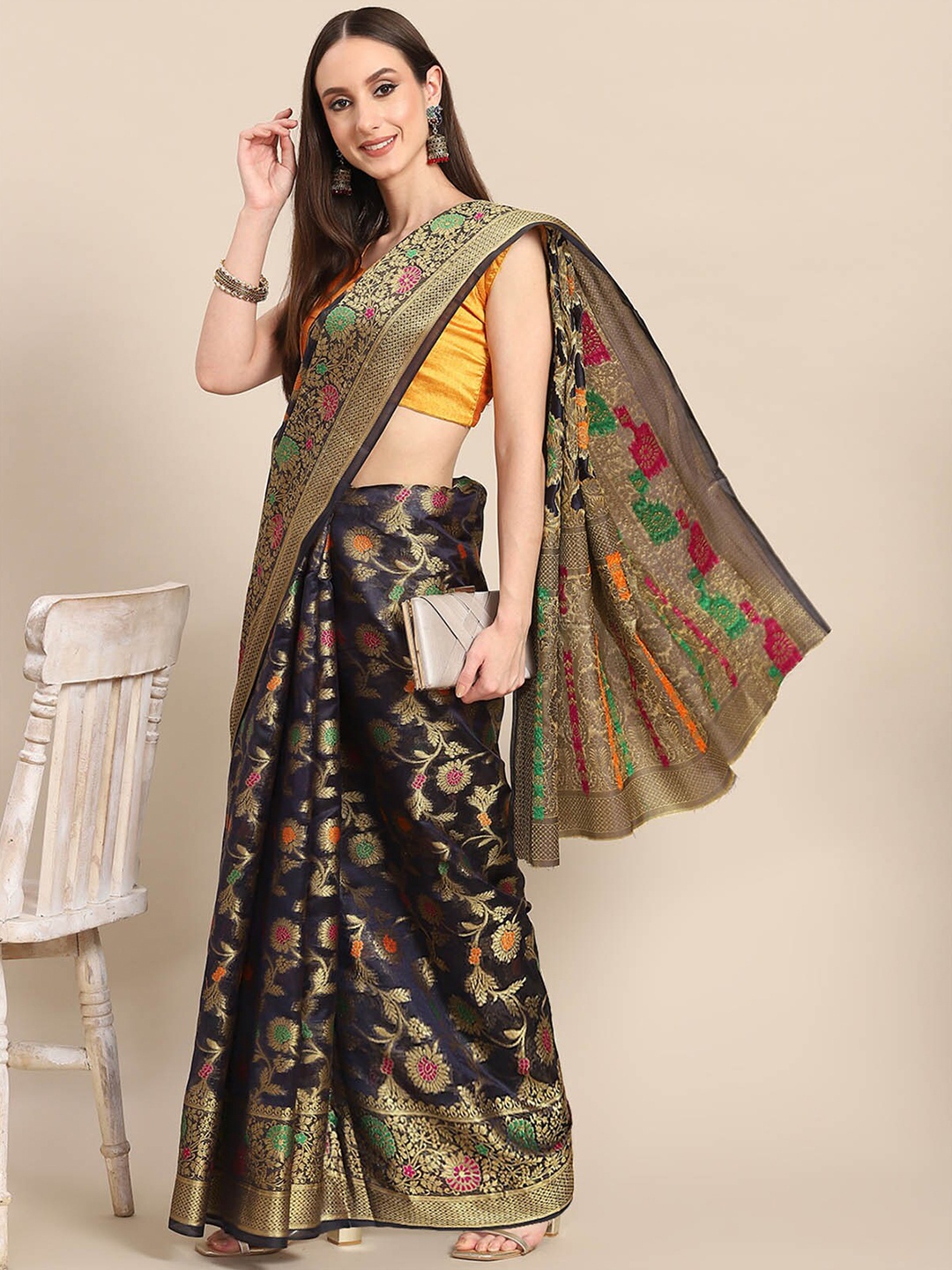 

ODETTE Navy Blue & Green Floral Zari Organza Saree