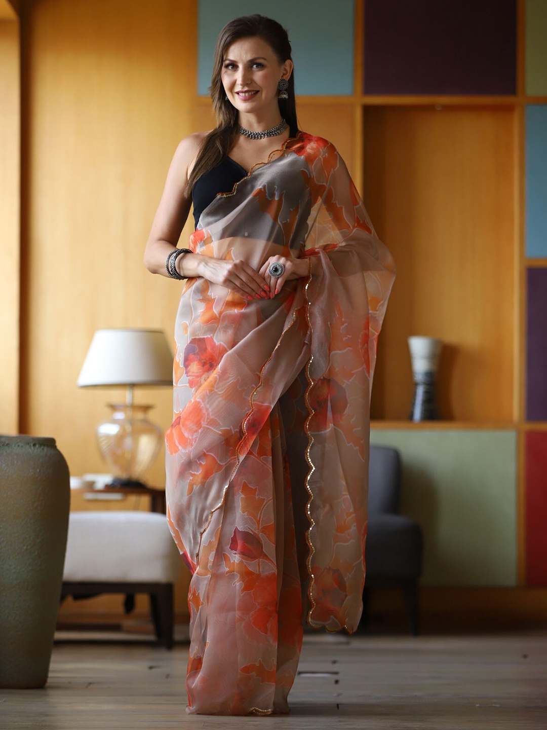 

ODETTE Peach-Coloured & Red Floral Embroidered Organza Saree