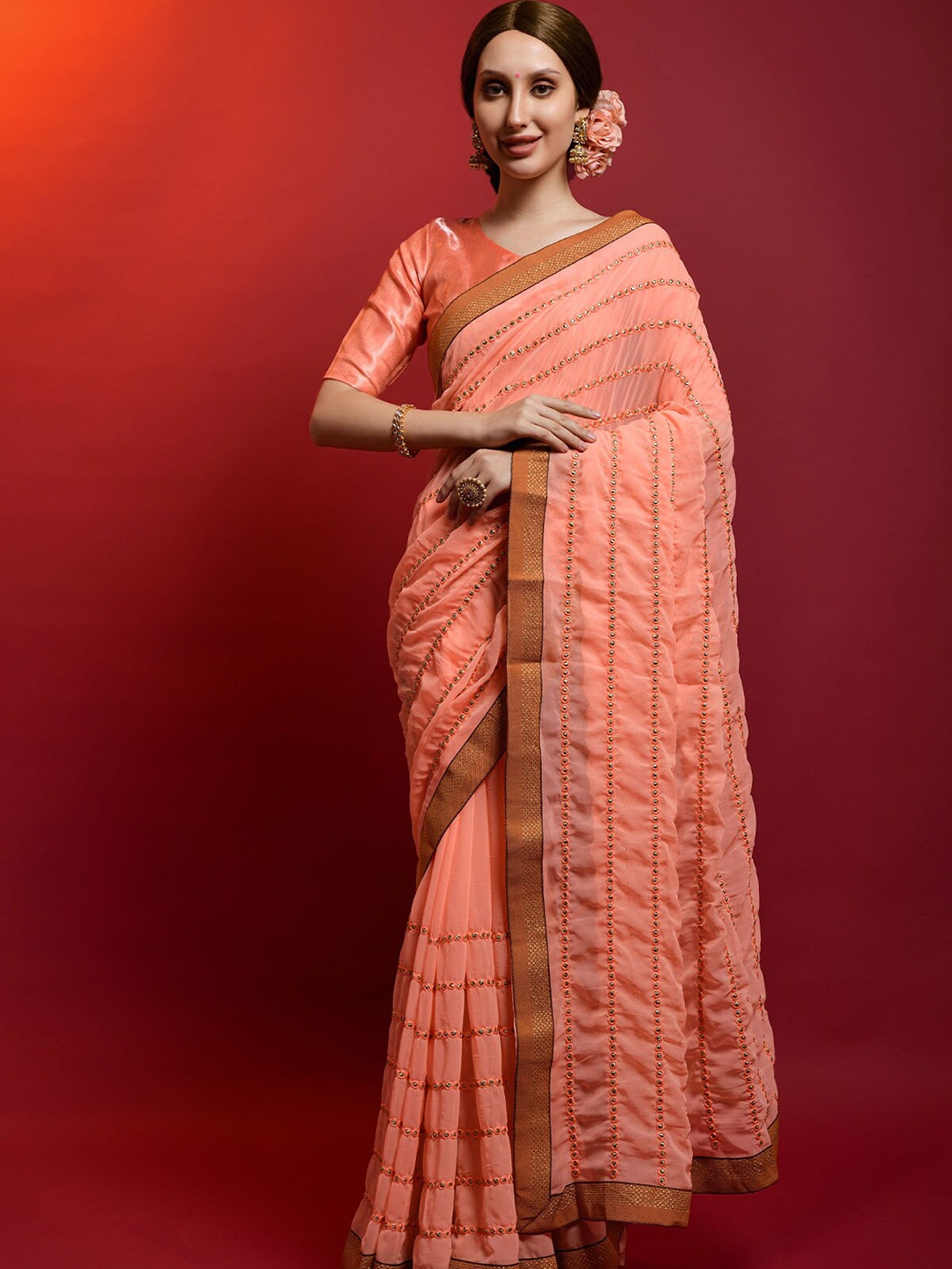 

ODETTE Peach& Gold-Toned Embellished Mirror Work Saree