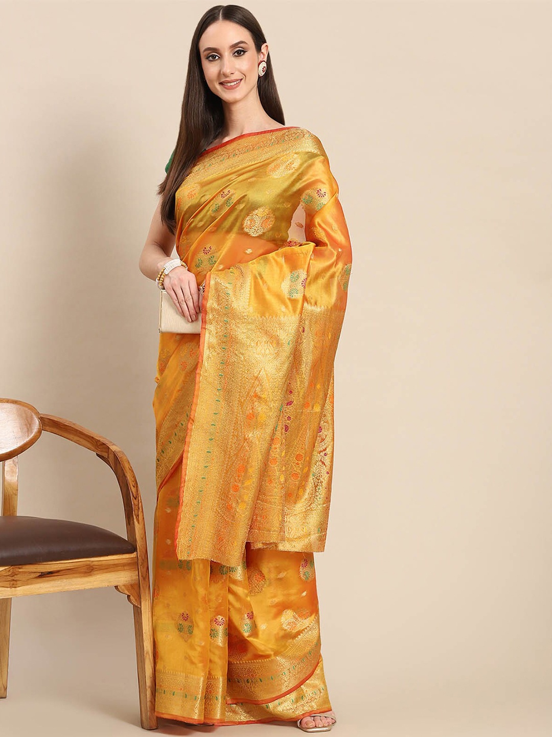 

ODETTE Mustard & Green Woven Design Zari Organza Saree