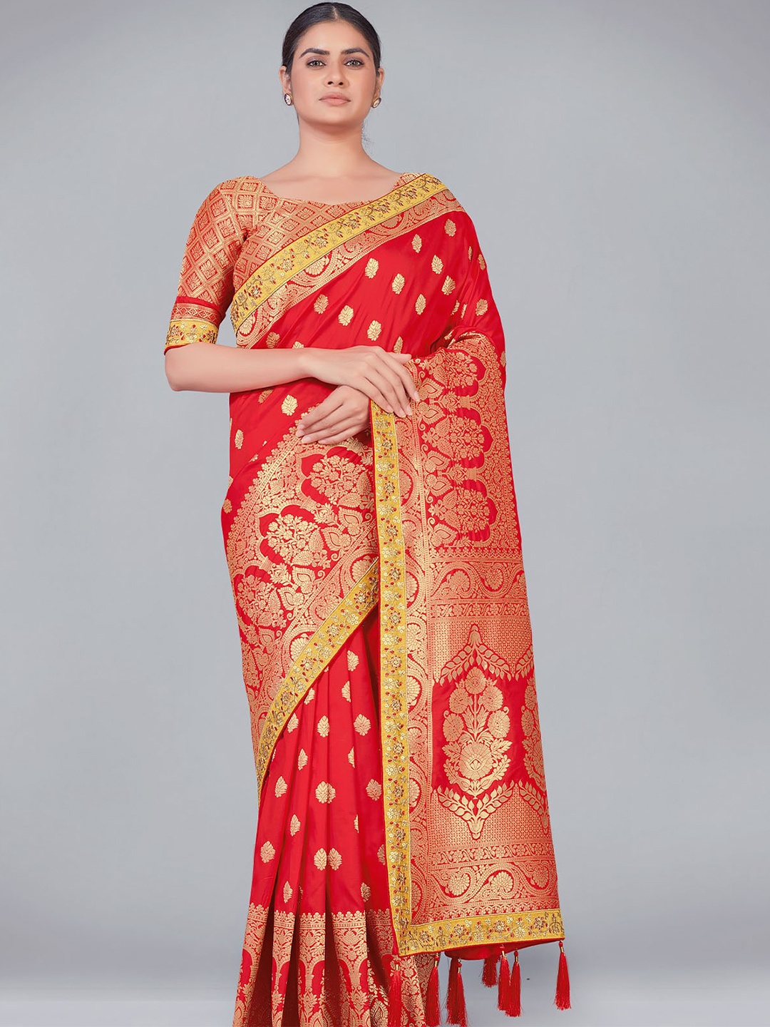 

ODETTE Red & Yellow Ethnic Motifs Zari Silk Blend Saree