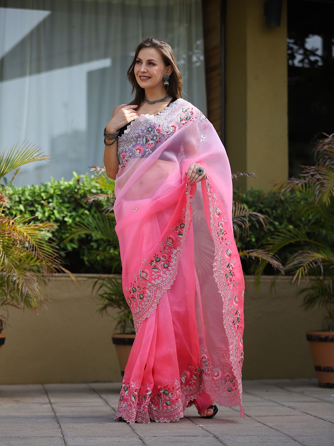 

ODETTE Pink & Green Floral Embroidered Organza Saree