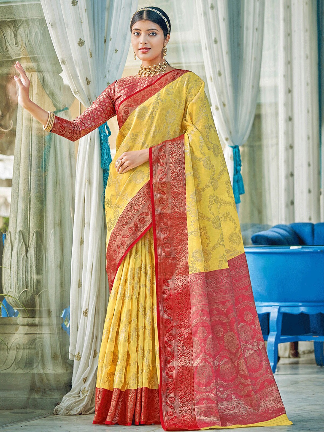 

ODETTE Yellow & Red Floral Zari Saree