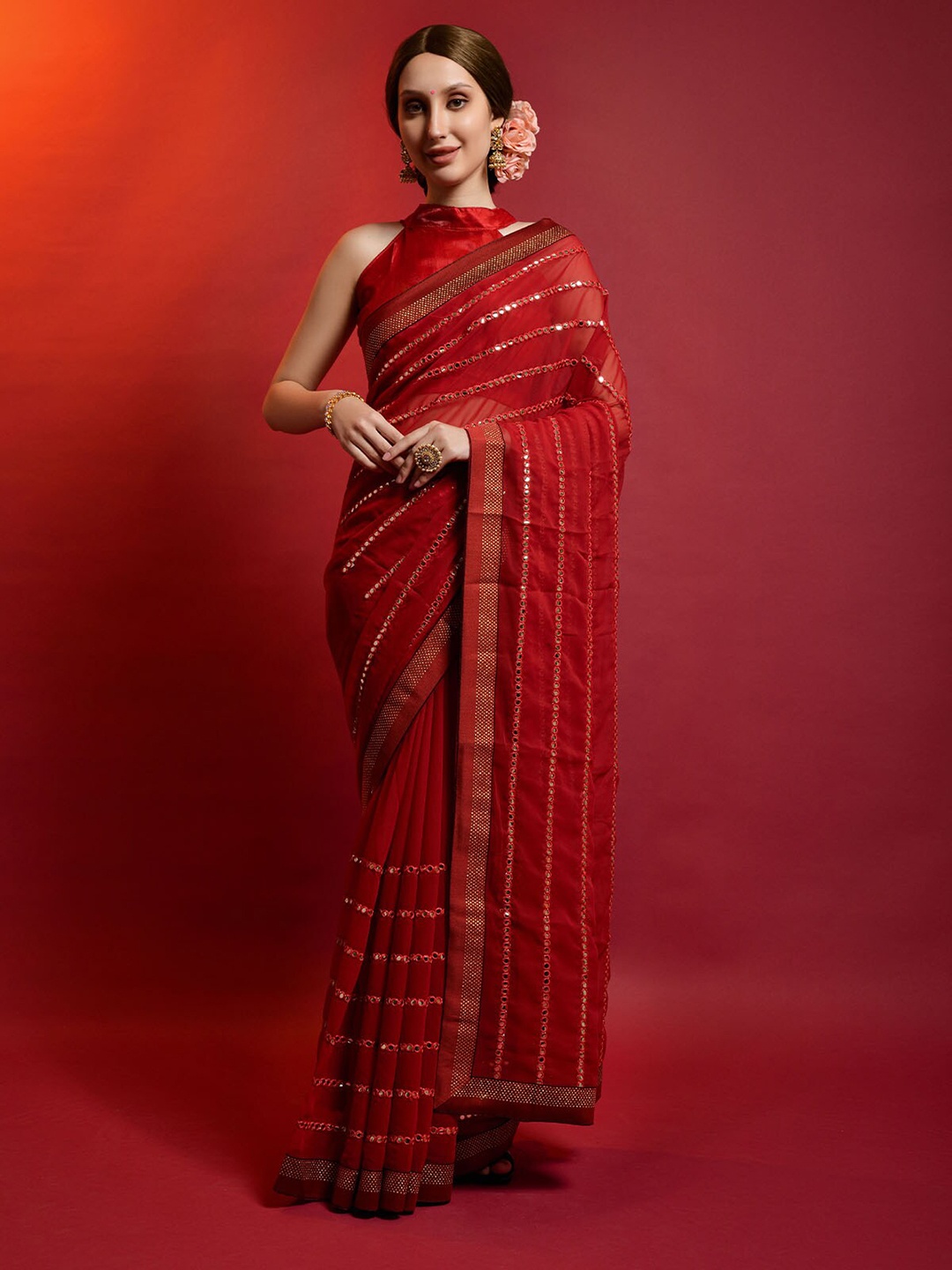 

ODETTE Red Striped Saree