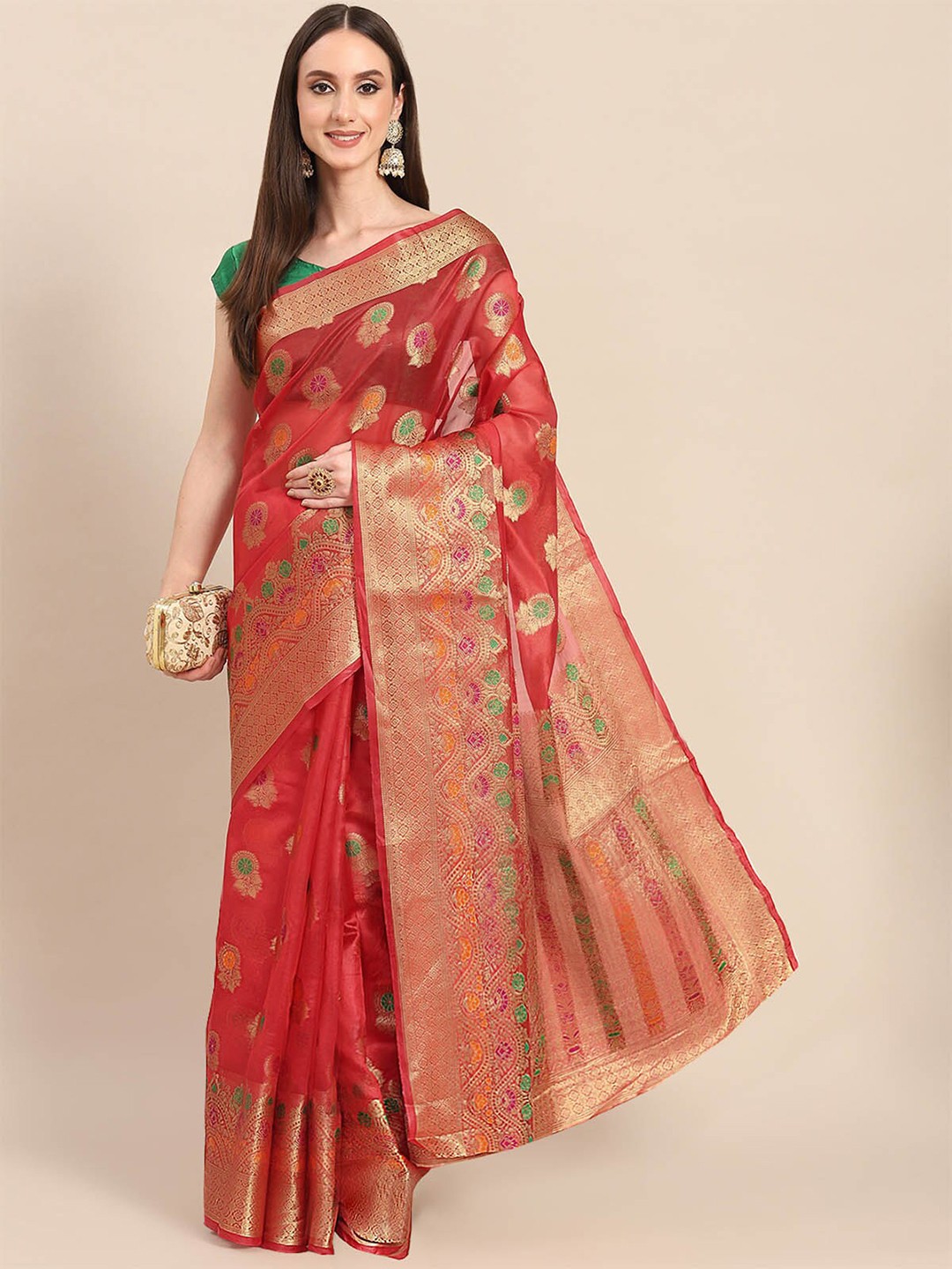 

ODETTE Red & Green Woven Design Zari Organza Saree
