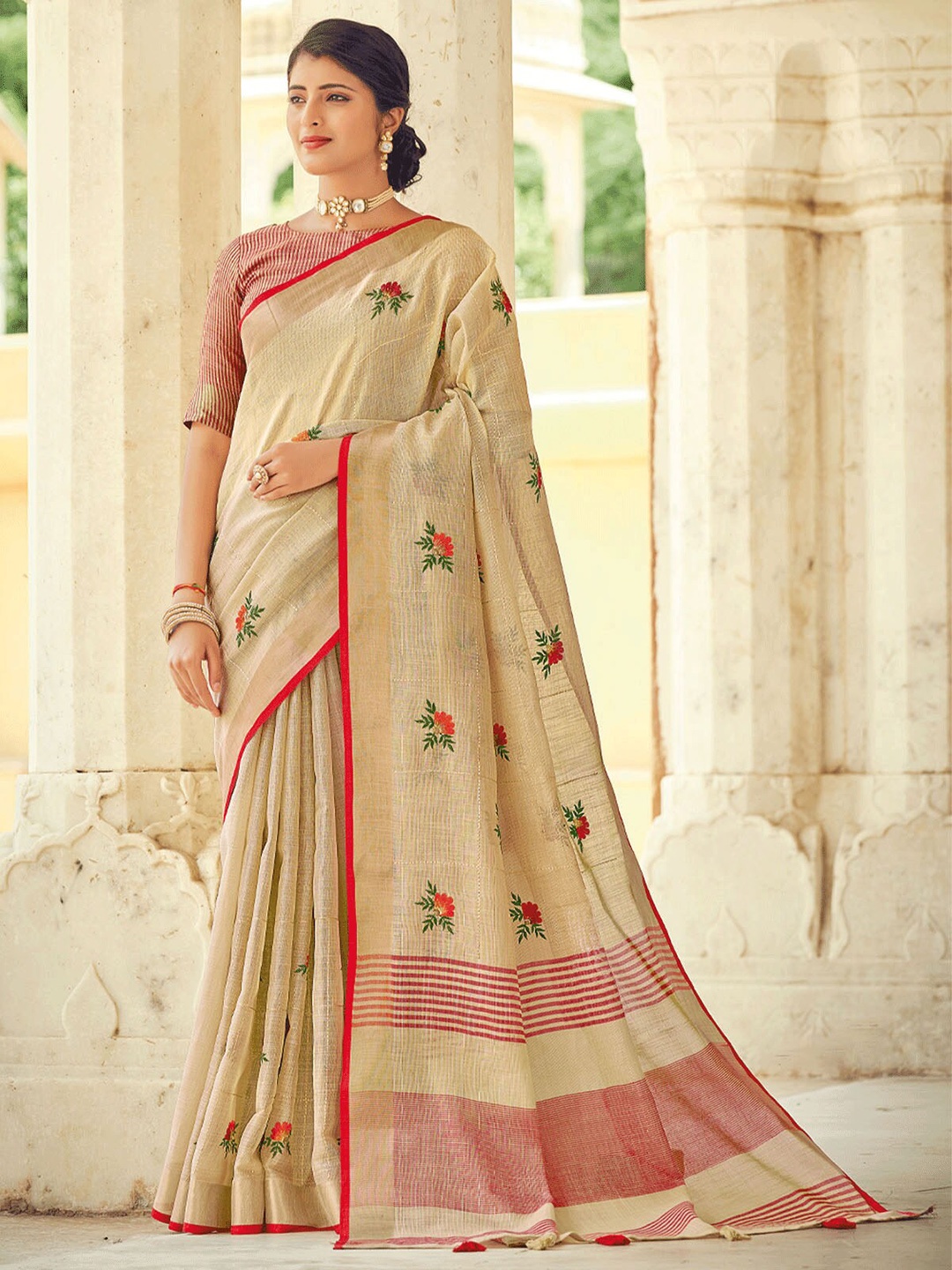 

ODETTE Beige & Red Floral Embroidered Linen Blend Saree