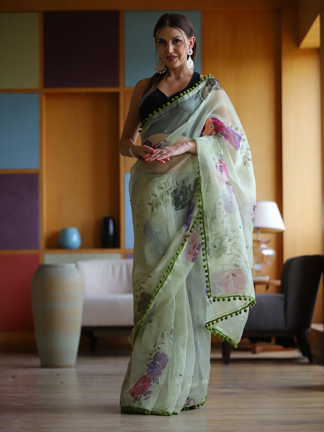 

ODETTE Green & Purple Floral Organza Saree