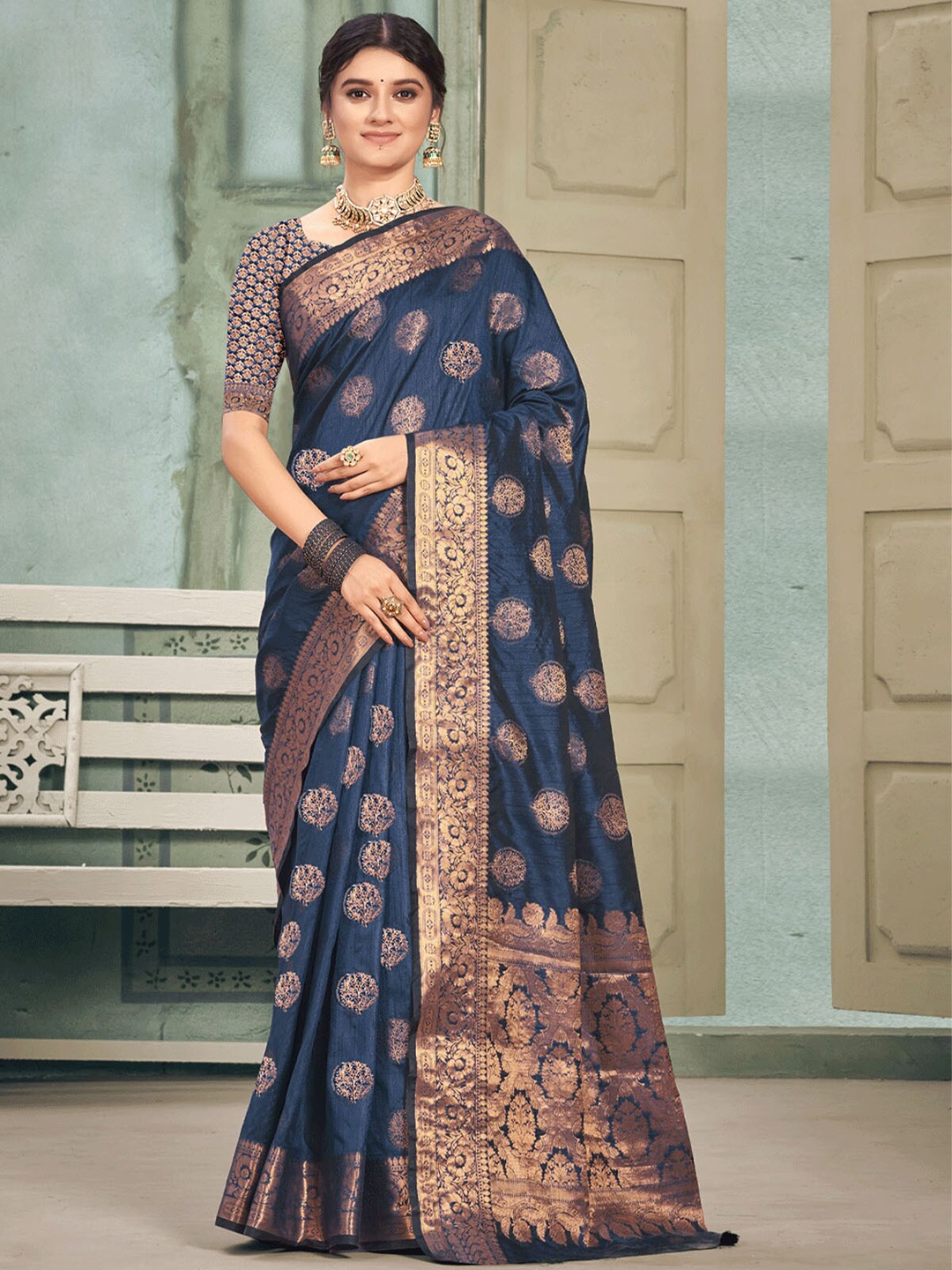 

ODETTE Blue & Gold-Toned Woven Design Zari Saree