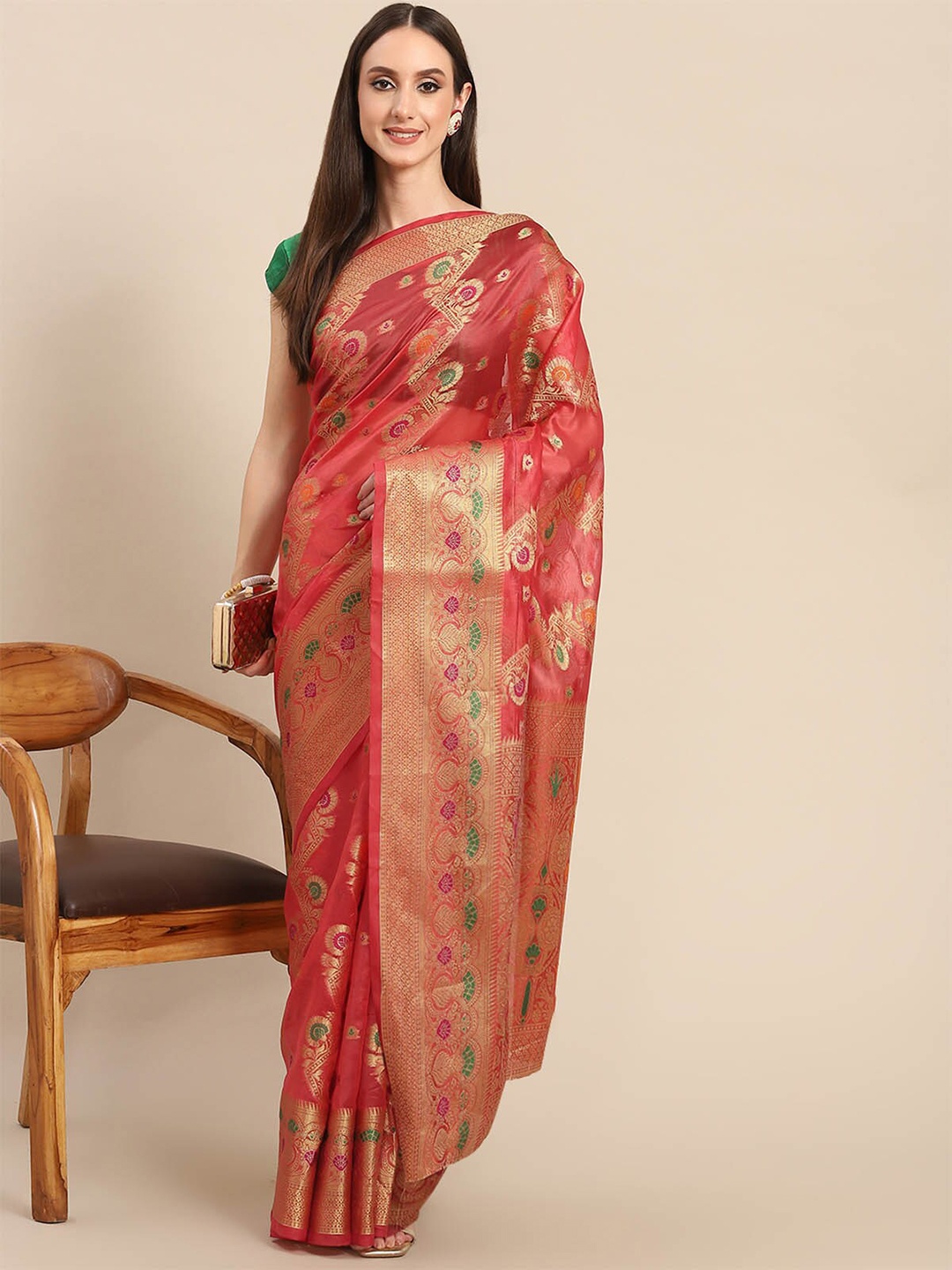 

ODETTE Pink & Peach-Coloured Floral Zari Organza Saree