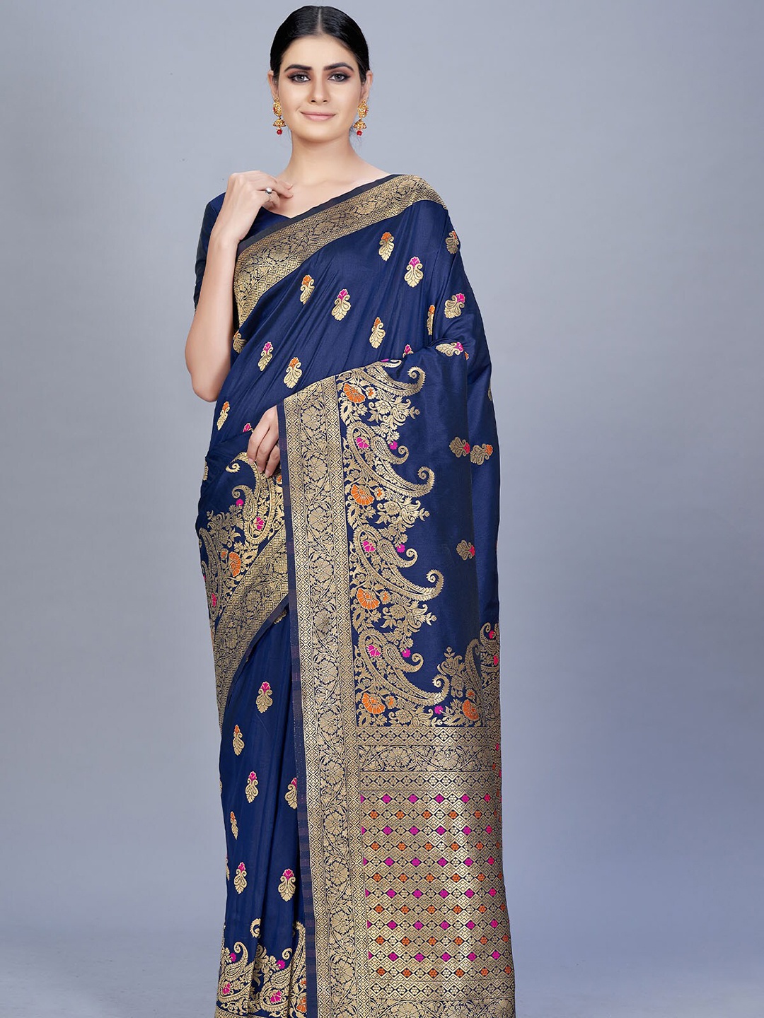 

ODETTE Blue & Gold-Toned Ethnic Motifs Zari Silk Blend Saree