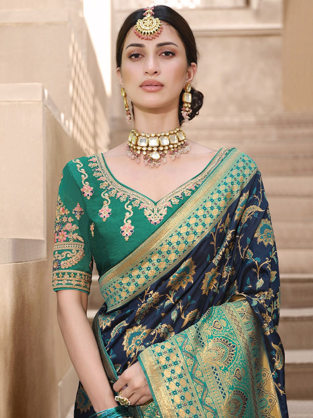 

ODETTE Blue & Green Woven Design Zari Silk Blend Saree