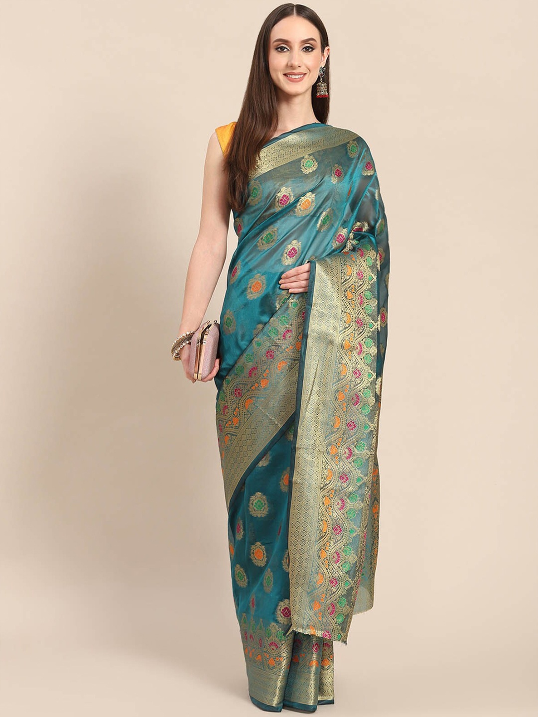 

ODETTE Green & Gold-Toned Woven Design Zari Organza Saree