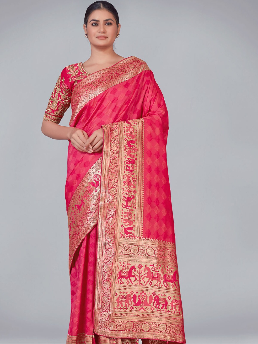 

ODETTE Pink & Gold-Toned Woven Design Zari Silk Blend Saree