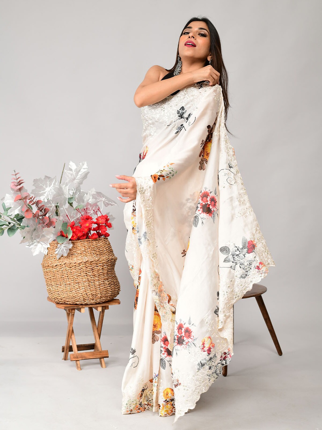 

ODETTE White & Yellow Floral Embroidered Satin Saree