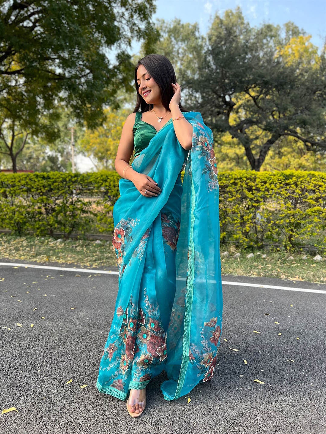 

ODETTE Blue & Green Floral Organza Saree