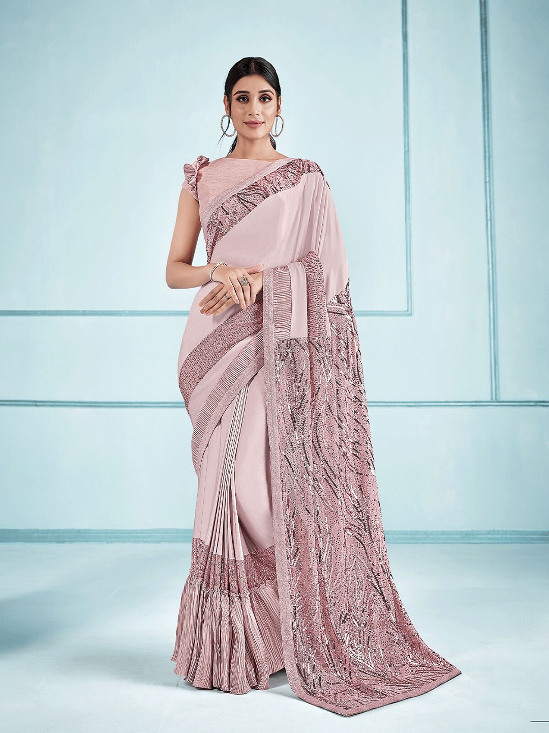 

ODETTE Pink Embellished Sequinned Saree