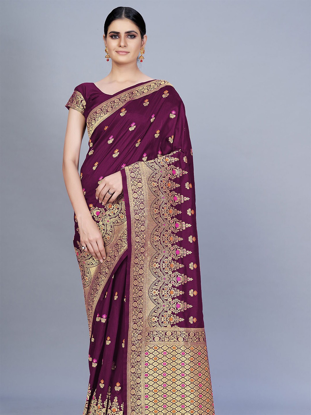 

ODETTE Purple & Orange Woven Design Zari Silk Blend Saree