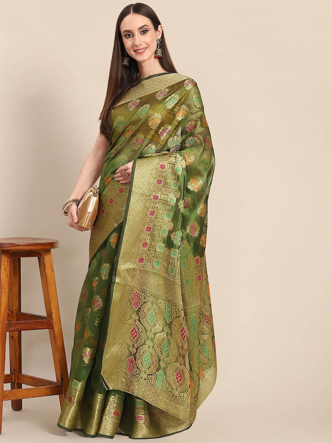 

ODETTE Green & Pink Floral Zari Organza Saree