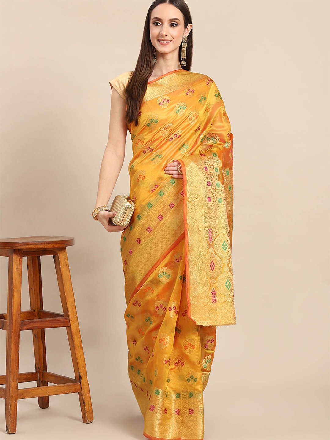 

ODETTE Yellow & Orange Floral Zari Organza Saree