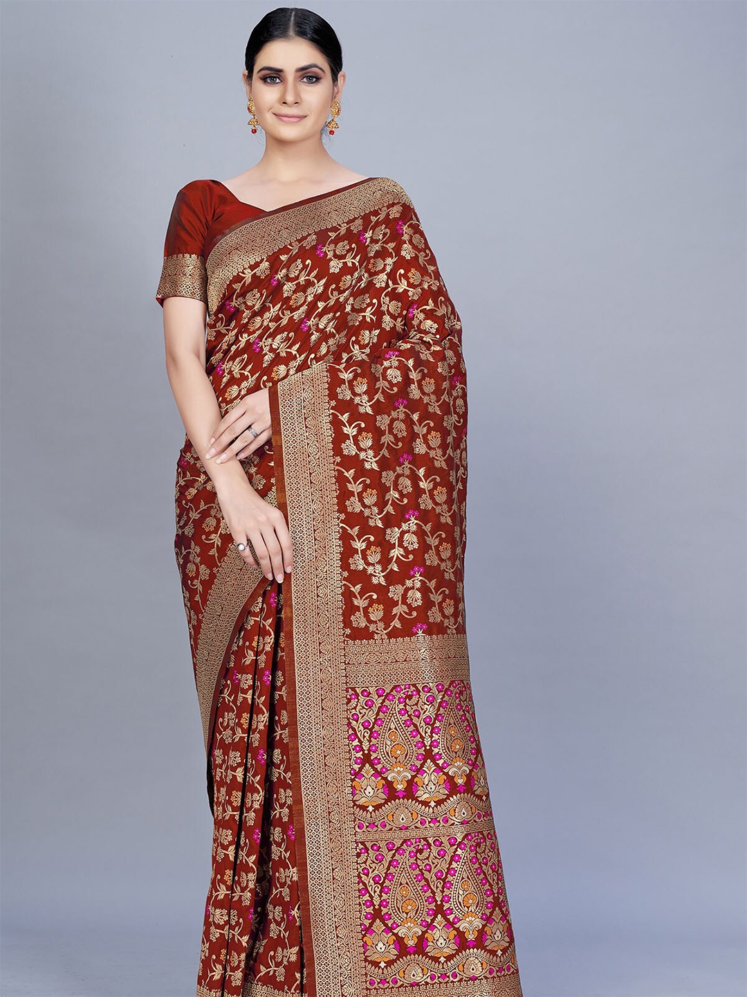 

ODETTE Red & Pink Floral Zari Silk Blend Saree