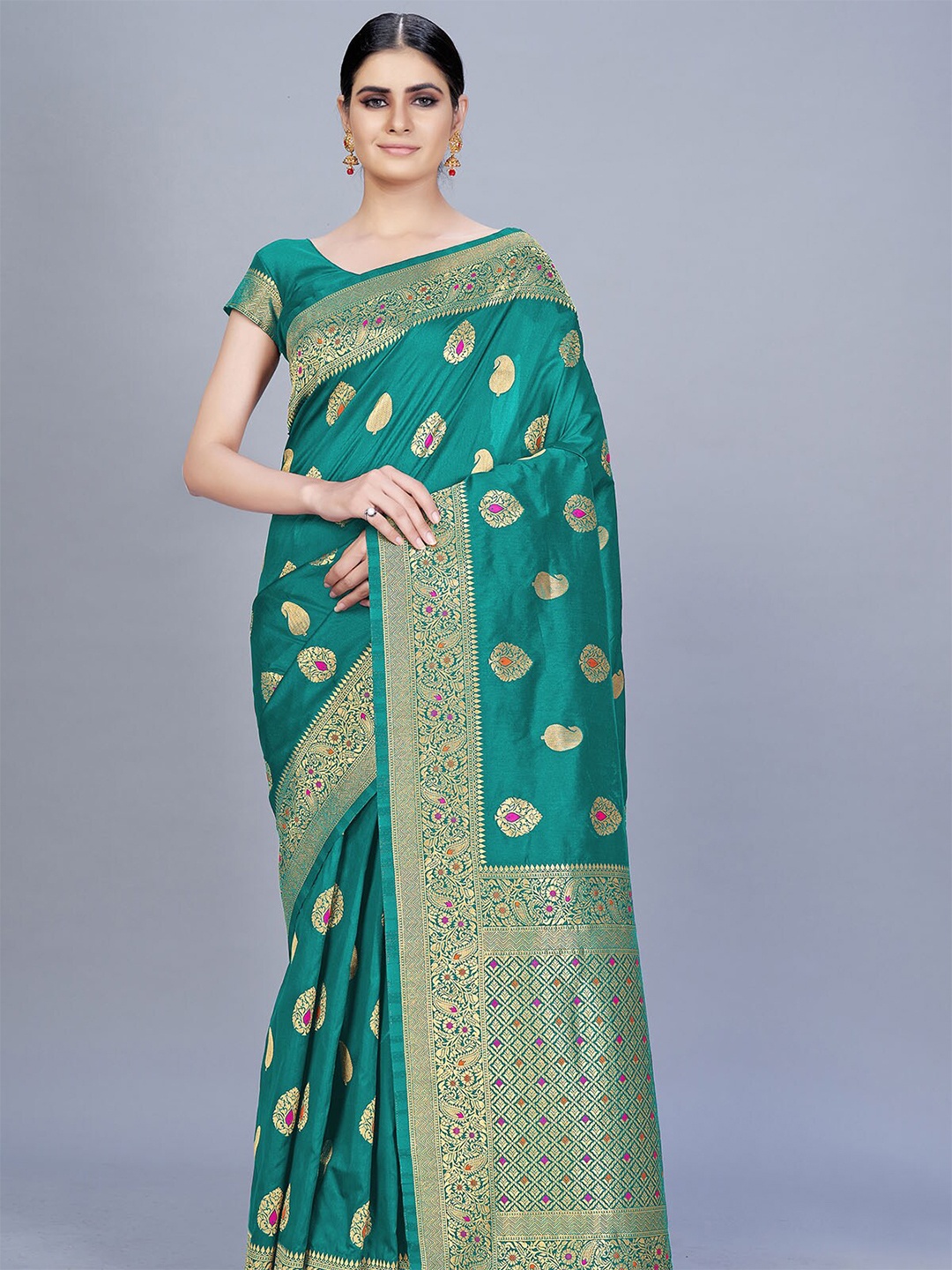 

ODETTE Sea Green & Gold-Toned Paisley Zari Silk Blend Saree