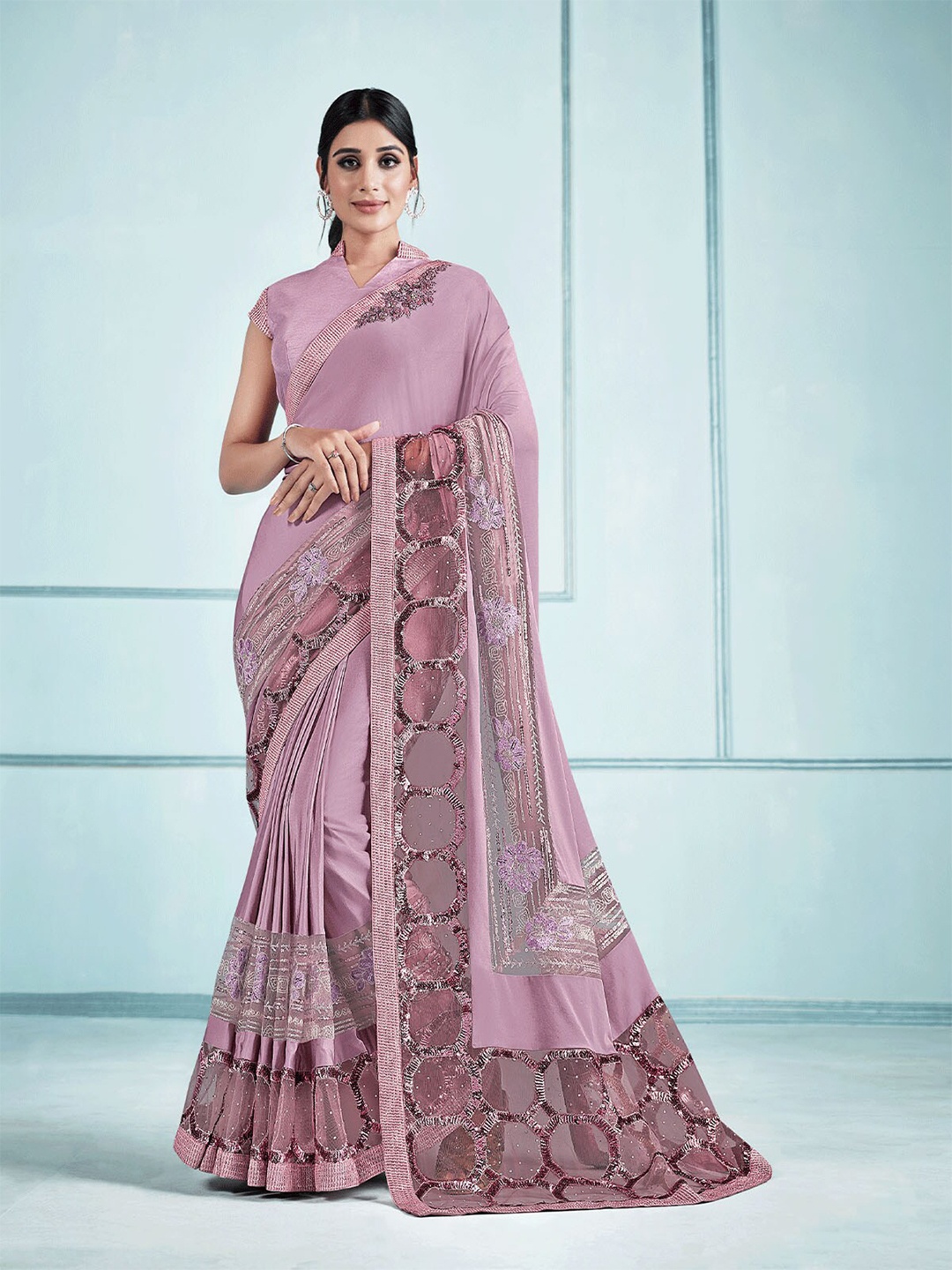

ODETTE Pink Floral Embroidered Saree