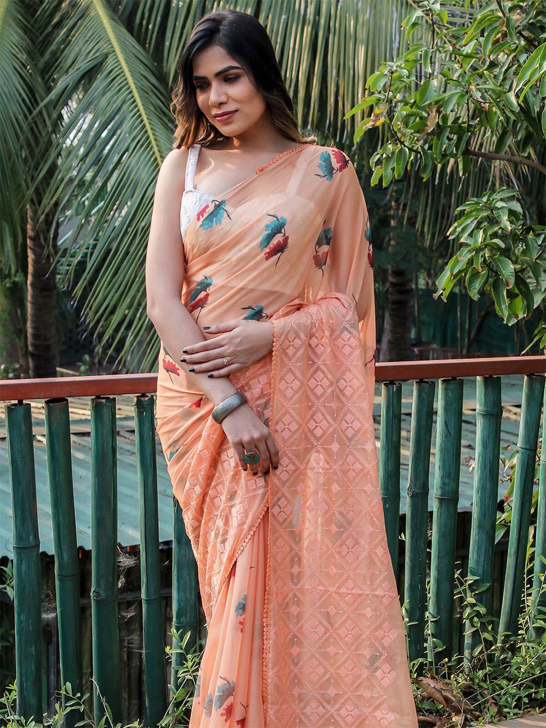 

ODETTE Orange & Red Floral Saree